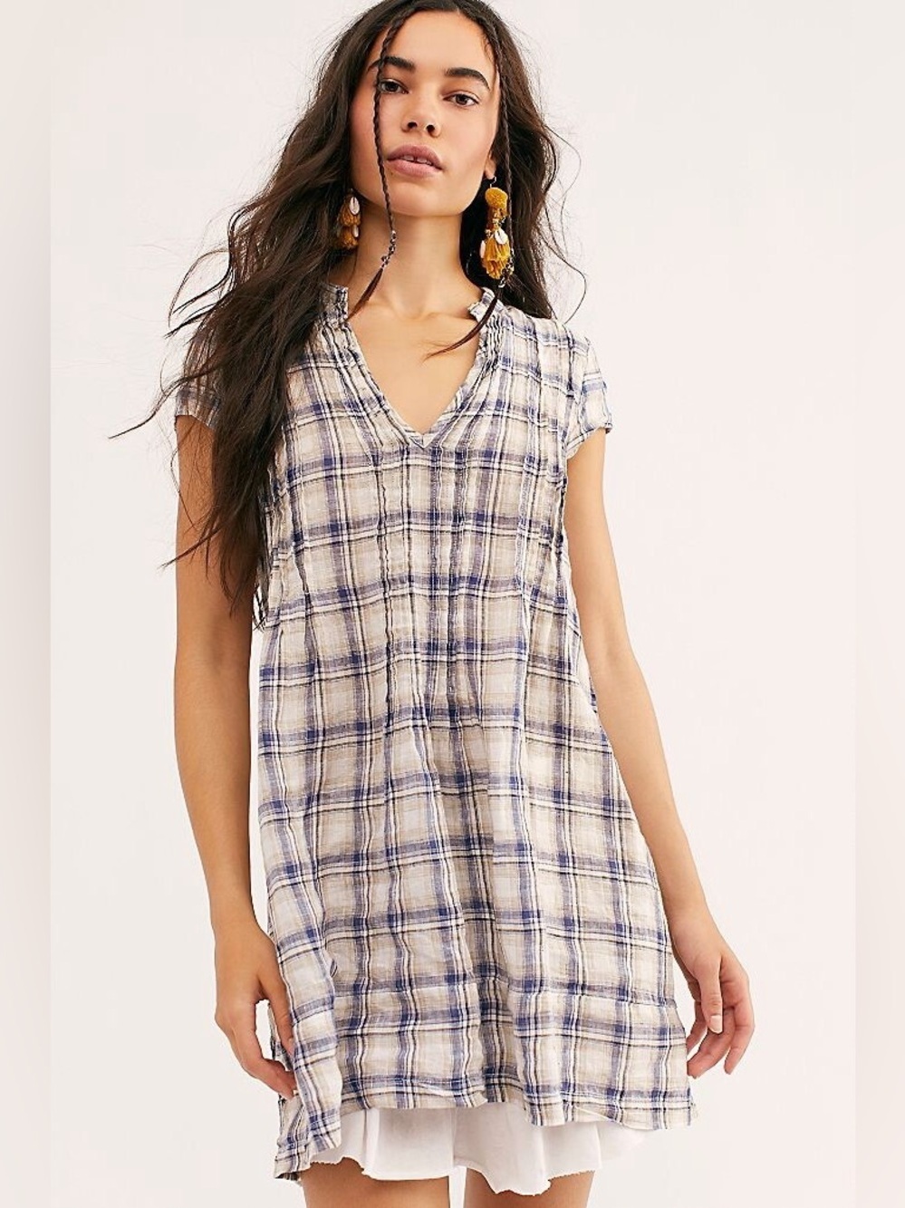 Free People CP Shades plaid river tunic linen mini dress (121)